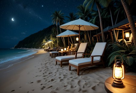 score_9, score_8_up, score_7_up, realistic, (detailed beach:1.4), (outdoors:1.4), (dim lighting:1.4), (night:1.4), (night sky:1.4),(wooden lantern:1.4), J@zz, , horizon, ocean, fern, beach, palm tree, beach chair, beach umbrella,