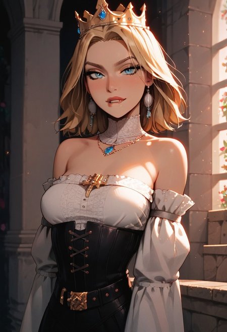 <lora:add-detail-xl:1.3>, score_9, score_8_up, score_7_up, score_6_up, score_5_up, score_4_up, rating_expilcit, 16K UHD, ng_deepnegative_v1_75t, masterpiece, highest quality, 1girl, solo, slimes_hiling, blonde medium hair, crown, blue eyes, small breasts, perky tits, undressing, breast exposed, flash tits, top lifted, bare shoulders, bare legs, g0thicPXL, sexy pose, pinup pose, seductive smile, horny, biting lips, Expressiveh, dynamic angle, (cartoon), afrobullstyle, vivid colors, cowboy shot, negative_hand, sunny day, medieval castle background, sexy attire