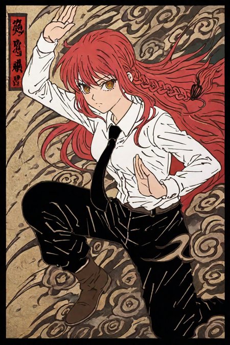 score_9, score_8_up, score_7_up, score_6_up, score_5_up, score_4_up, <lora:mak1ma0XL_Pony_v1:0.8> , mak1ma0, red hair, long hair, ringed eyes, braid, white collared shirt,black necktie, black pants, 1girl, solo, alone,  <lora:traditional_japanese_art_illustriousXL-000031:1>, traditional japanese art, fighting stance, masterpiece, highres