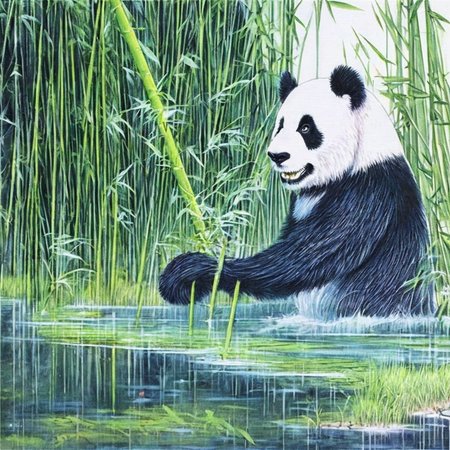 a panda splashing in a stream in the jungle with bamboo trees SCG768-illustrate