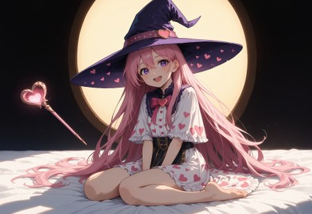 score_9, score_8_up, score_7_up, source_anime, ne0nfant4sy, masterpiece, best quality, very aesthetic, full body, 1girl, 25yrs old, womasn, witch, pink hair, purple eyes, long hair, hair between eyes, very long hair, pink wizard hat, pink and white dress, heart pattern cloche, cute fashion, smiling, mouth open, pink bedroom, sun light rays, contrast lighting, holding a wand, valentines day theme, cute bedroom, love, hearts, passion, cute, 