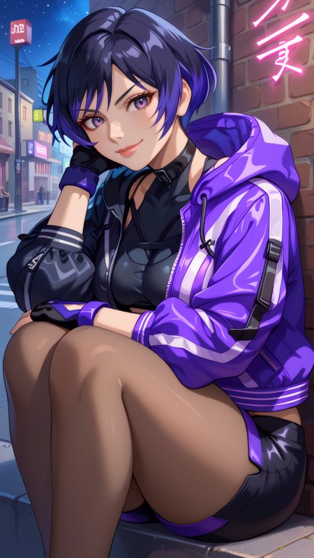score_9, score_8_up, score_7_up,  score_6_up BREAK 1girl, looking at viewer, cowboy shot, looking at viewer, mature female, 
<lora:Reinav2_Pony_Dwnsty:1>, reina_def, purple eyes, multicolored hair, black hair, purple hair, short hair, multicolored jacket, purple jacket, black jacket, zipper, hooded jacket, black shirt, choker, crop top, short shorts, black shorts, clothing cutout, fingerless gloves, black pantyhose,
medium breasts, lips, smirk,
outdoors, street, neon light, sitting, reclining, knees up, arm rest, against wall, starry sky, night,