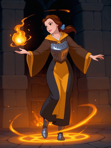 <lora:BelIL:0.7> be_le, 1girl, long brown hair, ponytail hair by a ribbon, duchess nose, pink lips, hazel eyes, 
magic, magic robe, steel armor,glowing liens, fireball, action, full body, glowing background, magic background