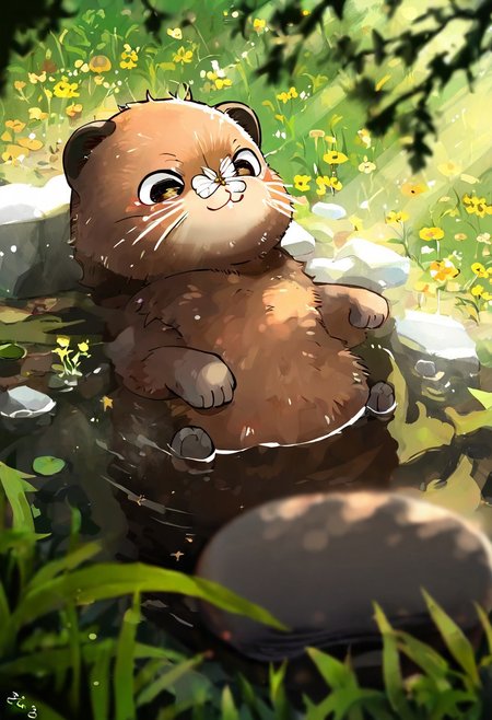 realistic, oharu-chan, akai sashimi, massakasama 
very awa, masterpiece, highres, absurdres, newest, year 2024, year 2023, safe general,
perspective, from above,  (dutch angle:1.1), (cute_eye:1.1), foreshortening, small, no humans, 
solo, cute beaver, opened eyes,  on back, beaver ears, beaver tail, paws, dandelion, dandelion seed, (butterfly on nose:1.2), partially submerged, (relaxing:1.1), 
tall grass, embers, detailed background, onsen, blurry foreground,  sunbeam, dappled sunlight, sunlight, (sidelighting:1.2), 
<lora:ponyv4_noob1_2_adamW:0.3>, <lora:spo:0.85>,  
<lora:illustrious_noobai_epsilon_pred_1_masterpieces_v1:1.0>,