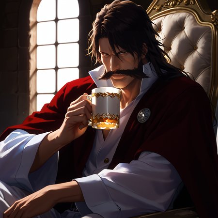 score_9, score_8_up, score_7_up, score_6_up, score_5_up, score_4_up, masterpiece, high quality, detailed
1man, long black hair, dark brown hair, huge mustache, pronounced cheekbones, long nose, thin eyebrows, white boots, brown eyes, (maroon-black cloak:1.1), broad chin, white uniform, close-up, upper body, <lora:yhwach:1> 
 <lora:UnfazedDrinkingPoses:1> drinking, holding mug, tea, sitting in throne, castle