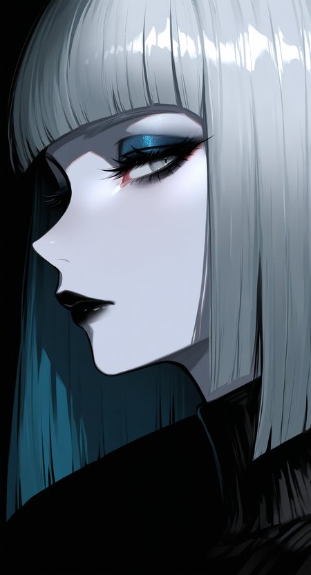 masterpiece, best quality, good quality, very awa, very aesthetic, absurdres, newest, 1girl, solo, looking_at_viewer, short_hair, closed_mouth, grey_hair, multicolored_hair, blunt_bangs, two-tone_hair, from_side, grey_eyes, eyelashes, profile, makeup, colored_skin, turtleneck, half-closed_eyes, bob_cut, portrait, close-up, eyeshadow, sideways_glance, blunt_ends, grey_skin, black_lips <lora:ponyv5_noobV065S_1_adamW-000013:0.7> <lora:USNR_STYLE_XL_lokr:0.45>
