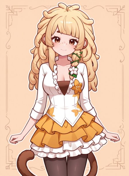 1girl, solo,  <lora:BananaJuju-10:0.8> bananajuju, blonde hair, brown eyes, freckles, monkey tail,
island hostess uniform, floral blouse, layered skirt, pantyhose, flower accessory, standing, gentle lean, soft eyes, warm smile, serene affection, extremely detailed, highres, masterpiece, best quality