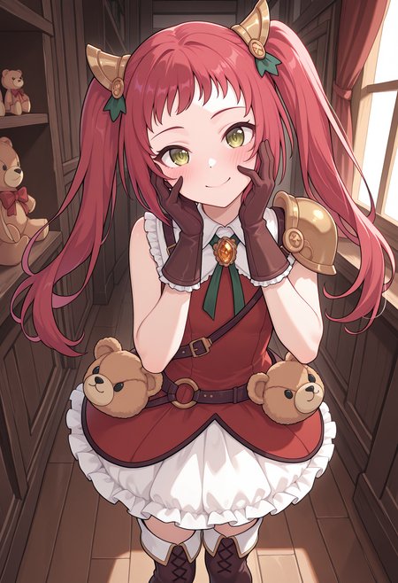 highres, best quality, masterpiece, indoors,
1girl, solo, pcrayane, twintails, red hair, long hair, green eyes,
payndef, hair ornament, red dress, collared dress, sleeveless dress, white collar, brooch, green ribbon, lanyard, teddy bear pendant, single pauldron, shoulder armor, brown gloves, bear bag, waist bag, white skirt, frills, thigh boots,
looking at viewer, blush, smile,
standing, hands on own face, 
head tilt,
<lora:_ayane_pcr-elesico-ilxlA-000014:1>