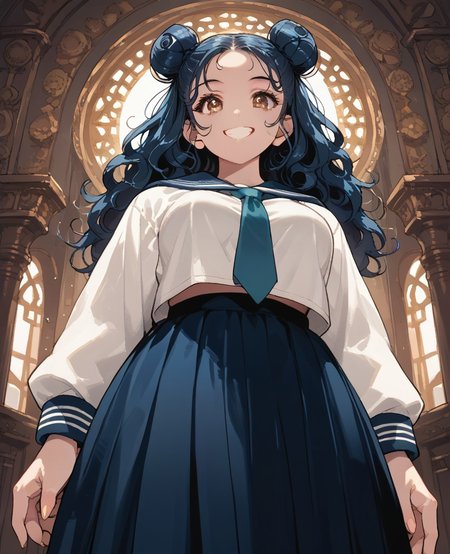 score_9, score_8_up, score_7_up, score_6_up, 1girl, solo, perfect hand, medium_breasts ,muscular ,serafuku ,long_hair ,blue_hair ,golden_eyes ,hair_bun ,curly_hair ,necktie ,from_below ,happy ,standing_split