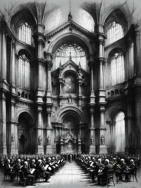 The interior of a grand cathedral with all the architectural details, but filled with a symphony orchestra playing classical instruments alongside electric guitars <lora:Renaissance_Drawing:0.8>,<lora:EnvyBetterHiresFixXL01:0:hr=1>