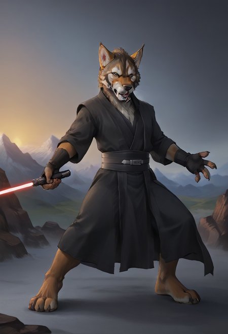 (((Barefoot furry character, full body, cinematic setting, furry male, plantigrade))) 
Brawny (((Alin))) wearing sith outfit, black robe, sith robe, wielding red lightsaber, fingerless gloves, (((nice detailed feet paws))), fight stance, dynamic pose, dynamic angles, action, tension, ((mountain setting, rocks setting))
BREAK, masterpiece, ((detailed background)), ((dynamic background)), 8K, (masterpiece:1.5), intricate details, highly detailed, extreme detail, octane render, unreal engine, ((anime art)), best quality, highres, (detailed face:1.5), ((full_body)), UHD, (((perfect hands))), low light