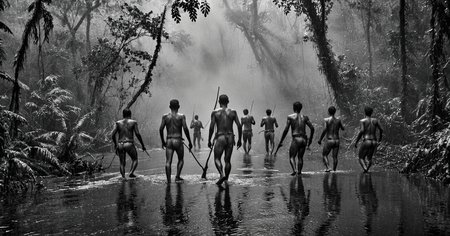 black and white photograph of few indigenous people hunting in the amazonian rain forest, insane details, dramatic lights, high definition, 35mm camera, film photography style, heavy grain, ral-chrosc-bw, masterpiece, national geographic style, strong vignette, high contrast