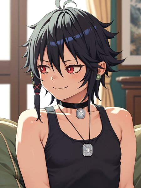 <lora:happy_tentacle-pastlulu-v0.1-000010:1>, ht_pastlulu, pendant choker, dog tags, , smile, , indoors, upper body, 1girl, (petite:1.2), solo focus, (looking away:1.1), , (depth of field:0.8), , score_9, score_8_up, score_7_up, score_6_up, score_5_up, score_4_up