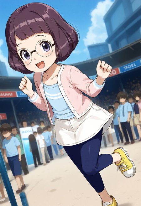 <lora:Hyper-SDXL-8steps-lora:1> <lora:Fixhands_anime_bdsqlsz_V1:1> zPDXL2, score_9, score_8_up, score_7_up, source_anime, intricate details, perfect anatomy BREAK
outdoors, beach, ocean, audience, crowd, energetic Pose, jumping, one_hand_raised, downblouse, Neutral, A relaxed facial expression with a slightly open mouth., dynamic angle, 
1girl, solo <lora:YW-misora_inaho_XL(pony)v10:1> YW-inaho, purple hair, bob cut, short hair, glasses, pink cardigan, blue shirt, white skirt, black leggings, yellow shoes,