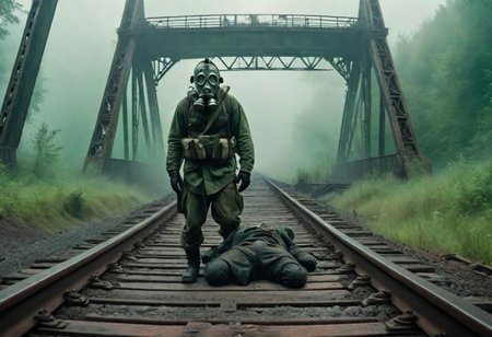 A man in a gas mask crosses a railway bridge, people lie on the ground, thick green fog surrounds the scene, post apocalyptic, scary, high detail, 8k