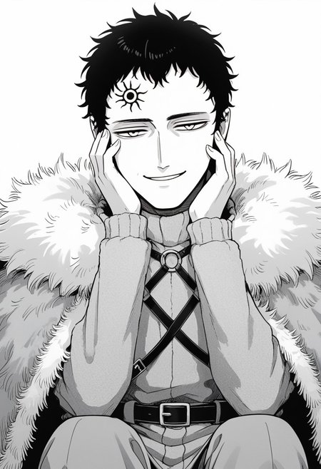 score_9, score_8_up, score_7_up, lucius zogratis, messy short hair, smug smile, forehead mark, furry robe, straps, fur cape, fur mantle, middle body,sitting, hanf against face, resting, thinking face, eyes almosy closed, ((solo)), manga, black and white, lineart, lines, monochrome, adult, man, man on his 40s