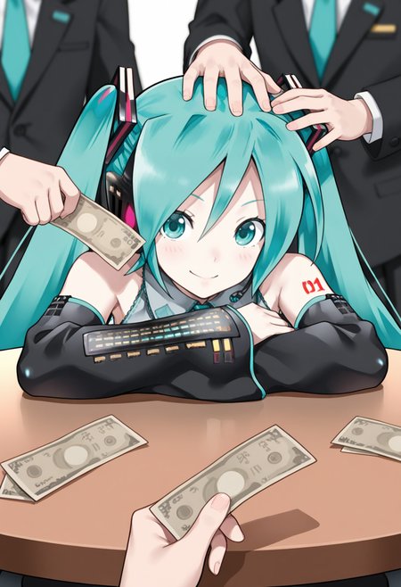 masterpiece,best quality,1girl,supine,aqua eyes,Hatsune Miku,
BREAK
On the table,holding money,hand_on_another's_head,holding money,masses,
<lora:Maid Magic_miku_v1:1.3>,