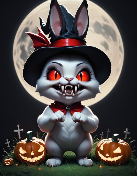 score_9, score_8_up, score_7_up, the cutest little (vampire:1.6) bunny rabbits, big fangs, grass, full moon, grave black hat, pumpkin, cross, black background, plain background