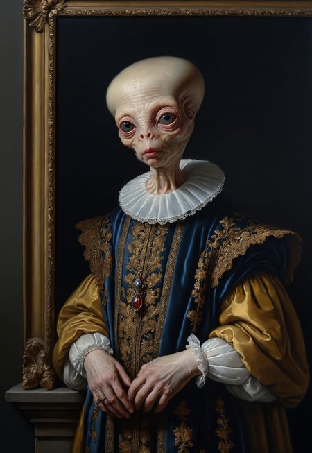 realistic oil painting, retro artstyle, score_9, score_8_up, score_9_up, very detailed, ultra realistic, (best quality) full body, very detailed masterpiece, portrait of an alien creature in medieval environment, very dark background, baroque style, very dramatic lighting, rembrandt style vermeer style full body, realistic realistic, realism, photo realistic oil painting, photo realistic painting 