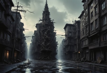 high quality, 8K Ultra HD, a metropolis where elements of nightmarish surrealism converge into a scary, gore, horror scene, Escher's influence is subtly incorporated, transforming the city into an intricate, mind-bending spectacle, Stark contrasts between light and dark enhance the dreamlike quality of the scene, creating an unsettling yet captivating urban horrific dreamscape, photorealistic, ultra realistic,aidmaimageupgrader,