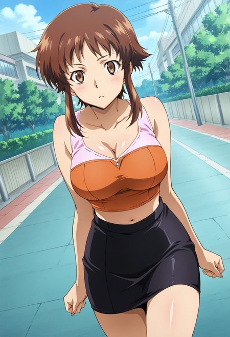 anime screencap, anime coloring, masterpiece, perfect face, perfect eyes,
Anime illustration, Hinata Hino, anime Mirai Nikki. 1girl, solo, standing position, outdoors, street background, large breasts, looking at the viewer, open eyes, brown eyes, 
short hair, brown hair, long locks, sidelocks,
skin tight shirt, sleeveless (very tight shirt), bare shoulders, strapless, black skirt, pencil skirt, black high waist skirt, navel, midriff, cleavage, big breasts. front view, dynamic angle,
masterpiece uncensored, hino_hinata, Hinata