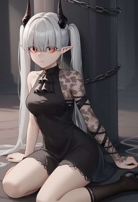1girl, solo, chained_sarkaz_girl, black dress, single leg pantyhose, asymmetrical clothes, patterned clothes, single sleeve, black sock, kneehigh, black footwear, high heels, black ascot, hair over eyes, eyes visible through hair, demon horns, blunt bangs, red eyes, pointy ears, pale skin, white hair, grey hair, twintails