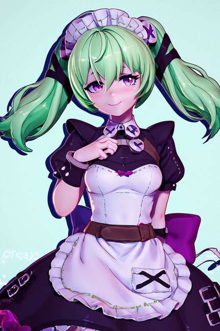 score_9, score_8_up, score_8, medium breasts, (curvy), cute, eyelashes,       BREAK, , BREAK, <lora:corin_wickes_PDXL:0.8>,  corin wickes, 1girl, green hair, purple eyes, hair between eyes, twintails, maid headdress, puffy short sleeves, black positive:BREAK, dress, white apron,, <lora:Zy0n7_PDXL:1.0>, , BREAK,  smile, looking at viewer, cowboy shot,  embedding:zPDXL, Expressiveh, <lora:SDXLFaeTastic2400:0.5>,  <lora:Expressive_H-000001:0.4>,