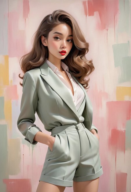 glamorous woman in bold and daring made out of candy sheer organza tuxedo(shawl collar jacket with shorts) , sultry candy-inspired full body pinup model poses with sensual lips and a flirty look on her face, set against Beverly Hills cocktail lounge depicted as textured paper background with bold brush strokes and charcoal smudges. The oil painting style blends into impressionist hues, with matte sage colors and faded shadows creating a serious artwork vibe. Her pose is simple yet alluring. with full natural breasts Provocative, flowing hair,