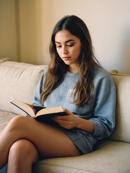 Analog photo of a woman looking like Annie_Crow_P_MXAI_SDXL , wearing comfortable clothes, sitting on a couch, reading a book, shadows, relaxed, elegant,