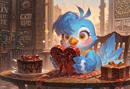 artist:kawacy, cutie bird, cafe, masterpiece, best quality, amazing quality, very aesthetic, absurdres, newest, 
valentine's gift, golden hour glow,