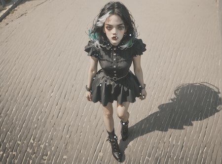 score_9, score_8_up, score_7_up, Fighting scene, shot from above, looking up against all odds, 1girl, pale skin, medium breasts, <lora:sm0k3XLP:1>, <lora:goth_clothes:1>, goth dress, gothic, black dress, detailed dress, black high heeled shoes, neon hair color, two tone hair, <lora:ekho:1>, <lora:Eldritch_Universe_Style:1>,