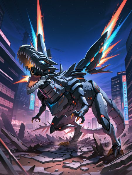 no humans,open mouth,sharp teeth,blue glowing eyes,robot,city,night sky,solo,broken road,mechanical tyrannosaurus rex,dinomorphia rexterm,mechanical booster,
masterpiece,best quality,amazing quality,very aesthetic,absurdres,newest,<lora:Dinomorphia Kentregina illuXL v1:0.95>,