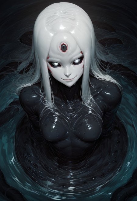 zPDXL2, score_9, score_8_up, score_7_up,  alien monster girl, beautiful face, tentacle hands:1.1, (inside a cave), multiple eyes, ((close up:2)), focus on face, large jellyfish head shape, multiple eyes on head, black body color, long octopus hair:1.2,  tendrils wrapped around breasts, black body, extremely detailed, skin texture, glistening body, small breasts, red scales on body, dripping wet body, oiled, long sleeves, white face, (big ass:0.4), black sclera, (shining white eyes), emerging from water, monster body, black sclera, glossy eyes, arching back, seductive smirk, wicked smile, Expressiveh, from above