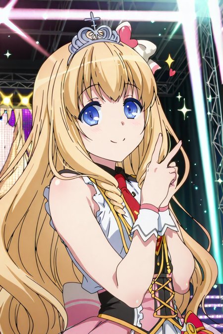 shiny skin, posing, 
<lora:amabri.il:1.0>,
amabri,
latifa, idol costume, 
hearts, glitter, sparkle, stage, stage light, bloom, standing side, looking at viewer, peace,