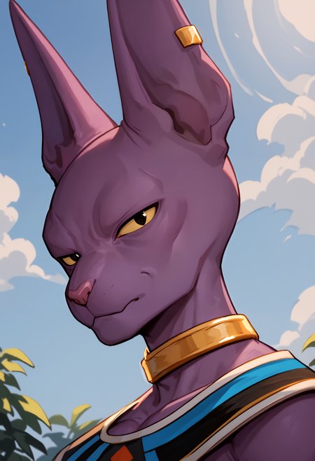 score_9, score_8_up, score_7_up, anthro only, furry only, 1boy, solo,  <lora:BeerusPony-000002>, 1boy, solo, beerus, cat boy, purple skin, collar,  egyptian clothes, gold armlet, gold choker, gold earring, single earring, yellow sclera, black eyes, looking at viewer, close up, side view,  outside,
