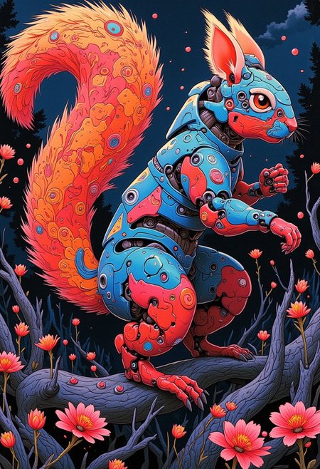 Ultra realistic photo a squirrel Sloot An embroidered design Spring atmosphere, sharp robot details, and eerie, swirling textures dominate the surreal composition, ultra sharp focus photo, cinematic, beautiful, vibrant, masterpiece, 32k, ultra HD, ultra-detailed, amazing quality, amazing artist, sharp edges, detailed textures, full view, atmospheric lighting, amazing visuals.