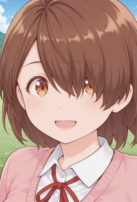 yurizono_yuumi, brown eyes, brown hair, short hair, ahoge, hair over one eye, school uniform, neck ribbon, pink cardigan, collared shirt, long sleeves, <lora:yurizono_yuumi_illustrious_ver1:0.8> 
smile,, masterpiece, best quality, very aesthetic, absurdres, general,, 1girl, solo, blue sky, (grasslands:1.2), looking at viewer,, (upper body:1.2), (close-up:1.2), (facing viewer:1.2), (open eyes:1.4), (portrait:1.2)