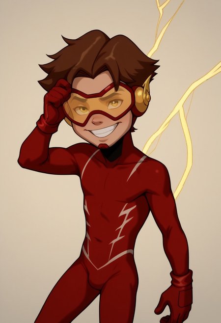 score_9, score_8_up, score_7_up, CuteCartoonStyle, petite, shortstack, highly detailed, cute boy, 1boy, solo,  Impulseyj, red framed goggles yellow lenz, red and white bodysuit, brown hair, skinny, lean body, red gloves, big smile, dominating pose,  yellow lightning