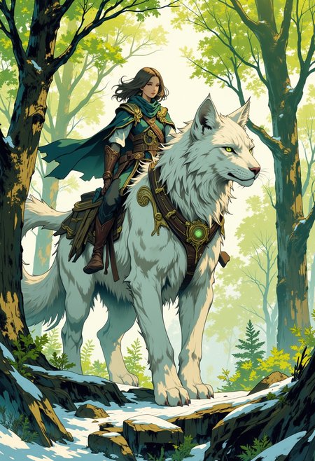 intricate linework with expressive contrasts, soft lighting with dynamic highlights, green forest with budding willow in early spring, small pockets of snow still under some trees, a human riding on the back of a large white feline. In the style of ff-td