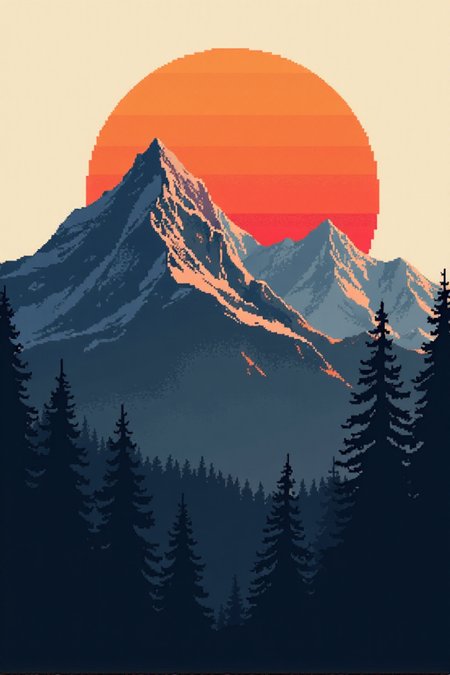 A pixel art abstract graphic illustration, black and white, of a mountain landscape with a brilliant orange sunset. gl1tchc0re d1eselc0re<lora:General Flux\darkdescent-pixel-art.safetensors:0.9:1.0> <lora:Promptcore Flux\Glitchcore.safetensors:0.5:1.0>âââ
