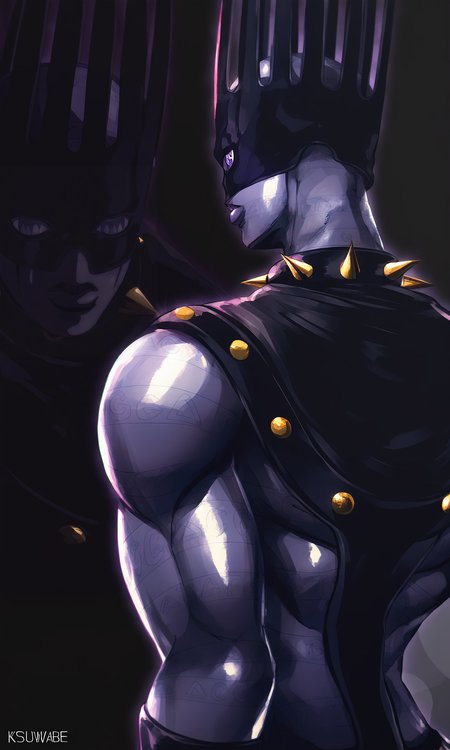masterpiece, best quality, absurdres,
stand(jojo), artist:ksuwabe,
from behind, looking back, 
white_snake\(jojo_stone_ocean\), solo,
mask, crown, spiked collar,
tattoo, wristband,
purple skin, glowing outline, purple outline,shiny, reflection,
dark  background,
<lora:JOJO_WhiteSnake_iXL-000019:1>