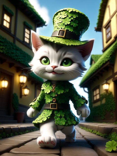 cinematic image, dynamic lighting, chibi kitten dressed like a leprachaun, hat mad-lkyclvr, (walking:1.4) through fantasy town, dynamic pose, smile, depth of depth of field,  <lora:Lucky_Clover_SDXL:1.0>, (masterpiece:1.2), best quality, (hyperdetailed, highest detailed:1.2), high resolution textures