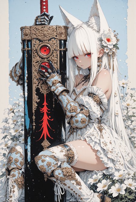 masterpiese, best quality, 1girl, animal ear fluff, animal ears, bangs, bare shoulders, blue eyes, blunt bangs, boots, dress, earrings, frills, gauntlets, gradient, hair flower, hair ornament, holding weapon, huge weapon, japanese clothes, long hair, looking at viewer, red eyes, ring, sheath, sitting, solo, thighhighs, thighs, very long hair, weapon, white flower, white hair, <lora:ka_marukogedago:0.6>, k4_illu, abstract, traditional media, scan, blending, painting \(medium\), oil painting \(medium\), <lora:ma1ma1helmes_b:0.4>, ma1ma1helmes_b_illu, sketch, <lora:Aura_illu:0.6>, 4ur4_illu