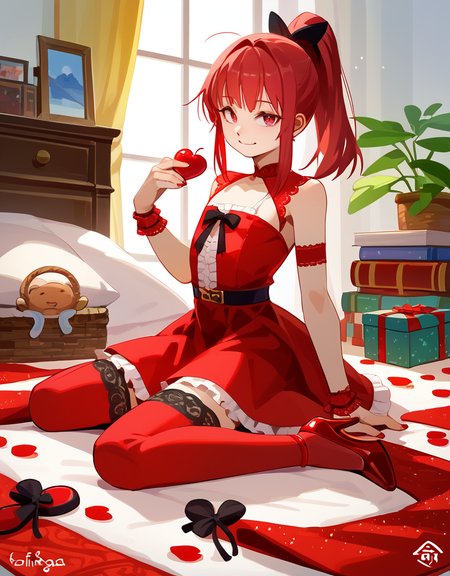 zPDXL2,  <lora:YadokugaeruV1:1>, yad0kug4eru, yadokugaeru, 
1boy, crossdressing, cute face, detailed eyes, long red hair, ponytail, red dress, red skirt, red thighhighs, red high heels, red eyes, looking at the viewer, smiling