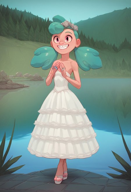 score_9, score_8_up, score_7_up, solo, 1girl,
turquoise hair, two pigtails, bright pink eyes,
happy, teeth smile, standing full body barefoot flat breast outdoors, lake, altar Wedding background, Wedding dress Wedding veil Wedding Ring high heels sandals
