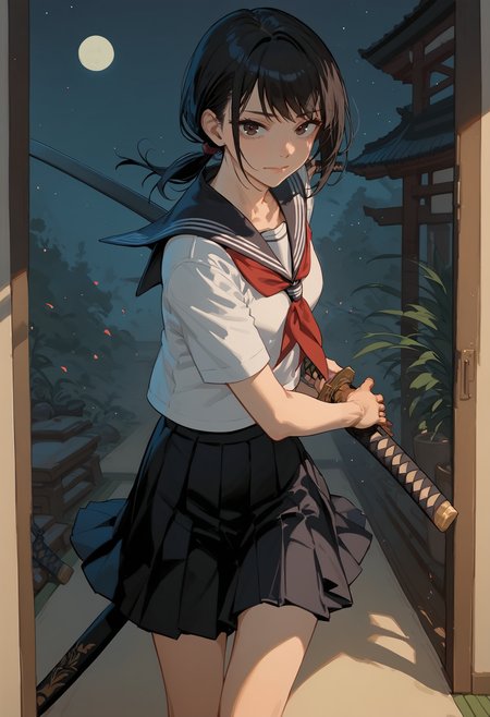score_9, score_8_up, score_7_up, score_6_up, score_5_up, score_4_up, source_anime, 1girl, solo, 18yo, (slim face:1.5), (bangs:1.2), skinny, thin body, wide hips, thin thighs,
<lora:age_slider_v4:2> <lora:Expressive_H:1><lora:Retroscifi-Pony1:1>
portrait,
front view,
from front,
standing, brown eyes, looking at viewer, black hair, short hair, low ponytail, barefoot, school uniform, skirt, serafuku, shirt, white shirt, pleated skirt, short sleeves, neckerchief, red neckerchief, sailor collar, black skirt, closed mouth,  katana,weapon, sword, holding weapon, holding, holding sword, sheath, night, moon, japanese tatami room,  <lora:battoujutsu_stance_24retry_pony_rework_final_svd_d8:1>battoujutsu