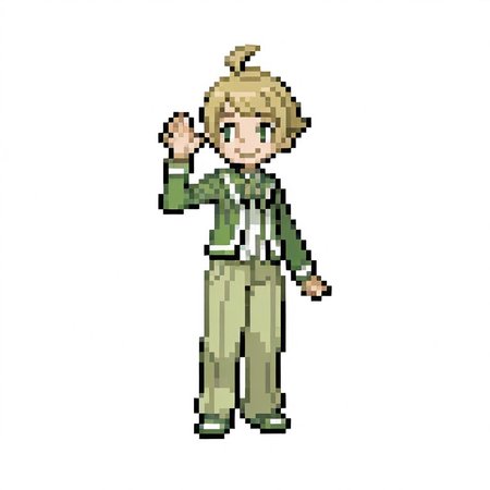 1boy, 
full body, 
blonde, short hair, sideswept bangs, ahoge, green eyes, thick eyebrows, smile, waving