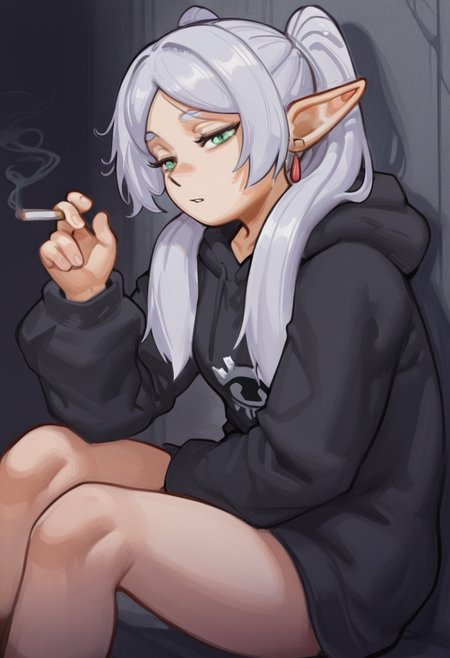 54k45t3style, masterpiece  best quality,  solo, frieren, sousou no frieren, twintails, green eyes, depressed, cat ear black hoodie, eyes half closed, smoking a cigarette, sitting against a wall