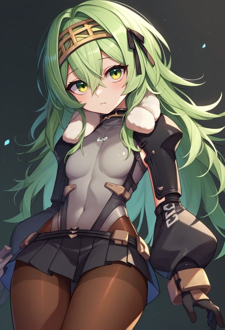 score_9, score_8_up, score_7_up, source_anime BREAK 1girl, solo, <lora:kilo-nikke-richy-v1_pdxl:1> kilo, green eyes, green hair, long hair, hairband, black hair ribbon, fur trim, grey leotard, black sleeves, long sleeves, black skirt, pantyhose, gloves, long legs, standing, wide hips
