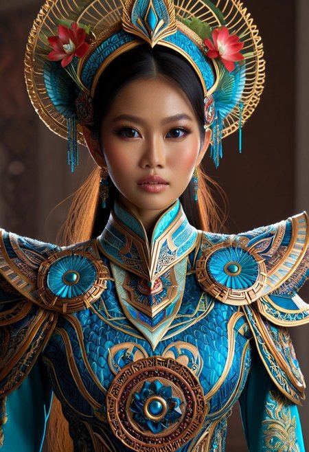 A hyper-realistic depiction of a single woman's upper body, adorned in intricately designed fantasy clothing that blends traditional Indonesian patterns with futuristic elements, set against a sleek, modern backdrop that incorporates subtle hints of Indonesian culture, with soft, natural lighting and a shallow depth of field, in the style of a high-end fashion photograph, with vibrant colors and exquisite texture details.